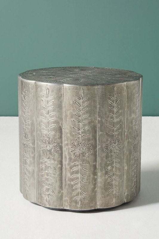 Embossed Metal Drum Stool - Silver Accent Side Table – Bone Inlay ...