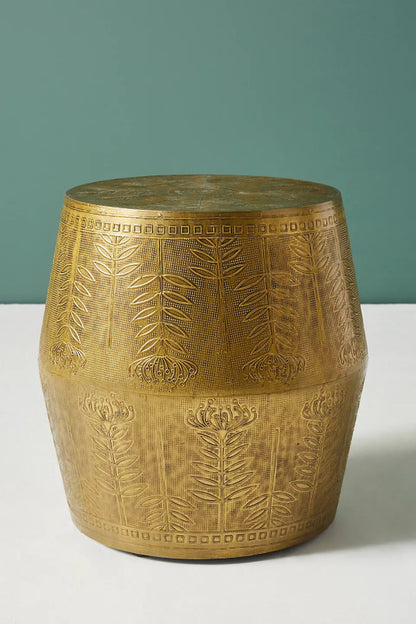 Handmade Embossed Drum Side Table | Embossed Metal End Table Coffee Table - Bone Inlay Furnitures