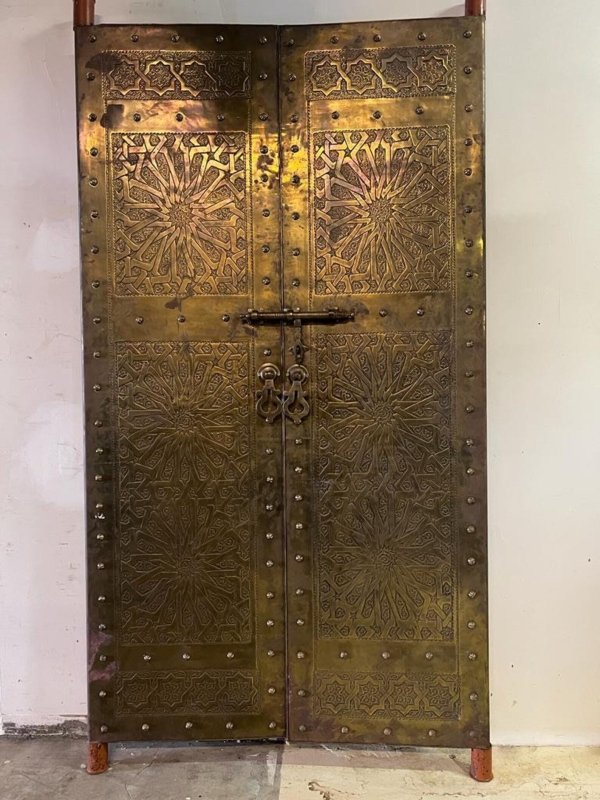 Handmade Embossed Metal Golden Moroccan Royal Double Door Armoire - Bone Inlay Furnitures