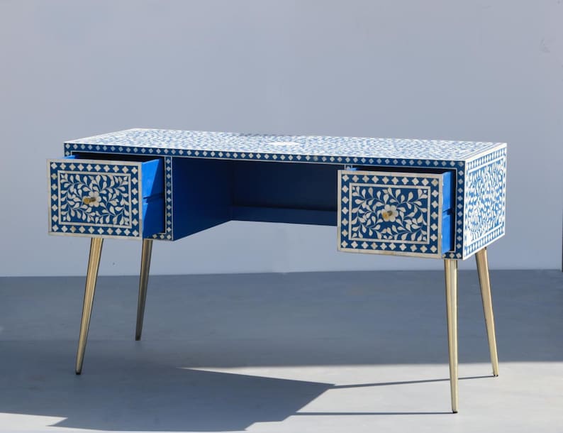Handmade Exclusive Bone Inlay Work Desk Console Table in Blue Color work desk - Bone Inlay Furnitures