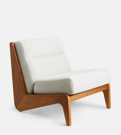 Fletcher solid wood armless lounge chair with a low geometric silhouette, sculptural side rails, and neutral upholstered seat.