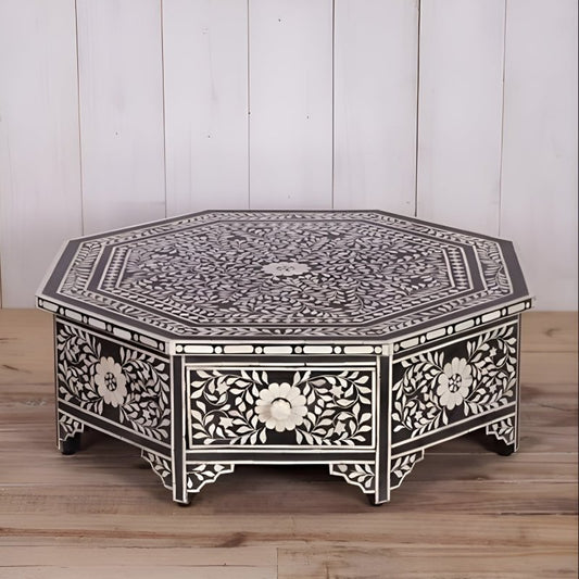 Handmade Floral Design Bone inlay Octagonal Coffee Table with Drawers Center Table - Bone Inlay Furnitures