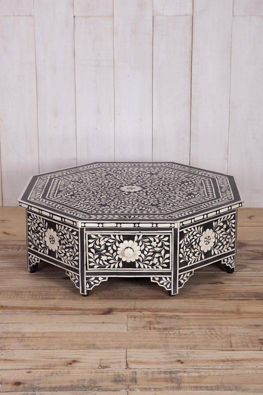 Handmade Floral Design Bone inlay Octagonal Coffee Table with Drawers Center Table - Bone Inlay Furnitures