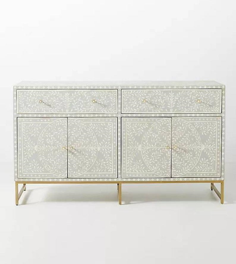 Handmade Scroll Vine Bone Inlay Buffet in Blue