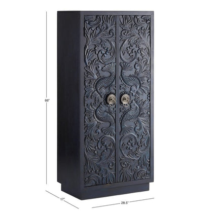 Handmade Hand Carved Indian Traditional Fish Nairi Design Armoire Closet Armoire - Bone Inlay Furnitures