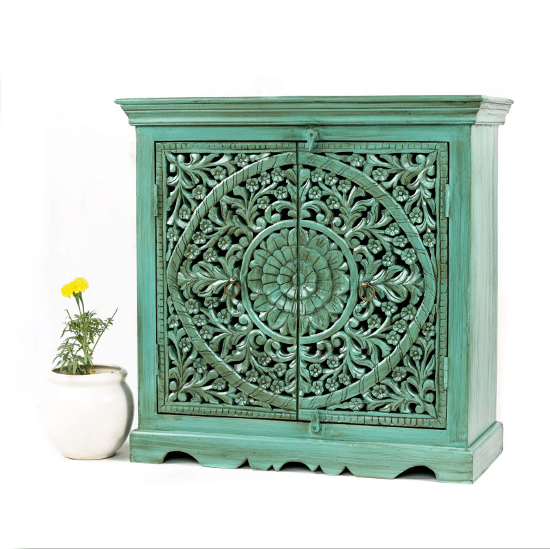 Handmade Handcarved Emerald Green Hallway Cabinet Cabinet - Bone Inlay Furnitures