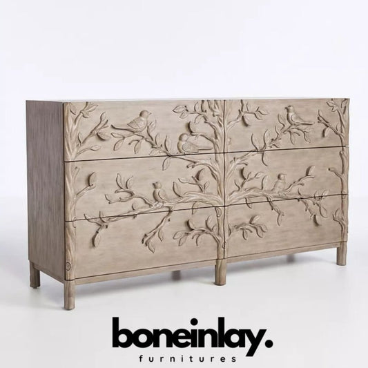 Handmade Handcarved Solid Wooden Ornithology Bird Six Drawers Dresser Dresser - Bone Inlay Furnitures