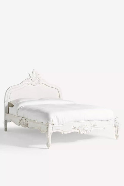 Handmade Luxury White Solid Wood Carved Menara Platform Bed Bed - Bone Inlay Furnitures