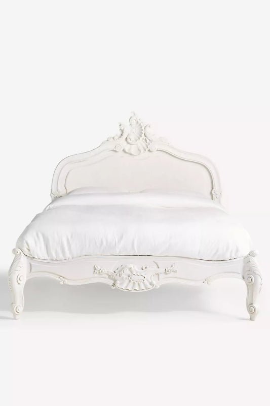 Handmade Luxury White Solid Wood Carved Menara Platform Bed Bed - Bone Inlay Furnitures