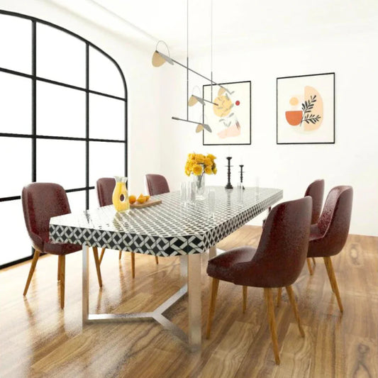 Handmade Modern Bone Inlay Six Seaters Black and White Dining Table with Brass Legs Dining Table - Bone Inlay Furnitures