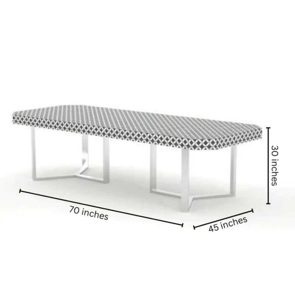 Luxury bone inlay dining table dimension diagram showing 70 inch length, 45 inch width, and 30 inch height with steel base