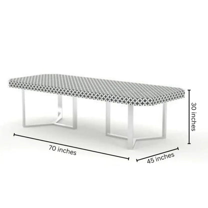 Luxury bone inlay dining table dimension diagram showing 70 inch length, 45 inch width, and 30 inch height with steel base