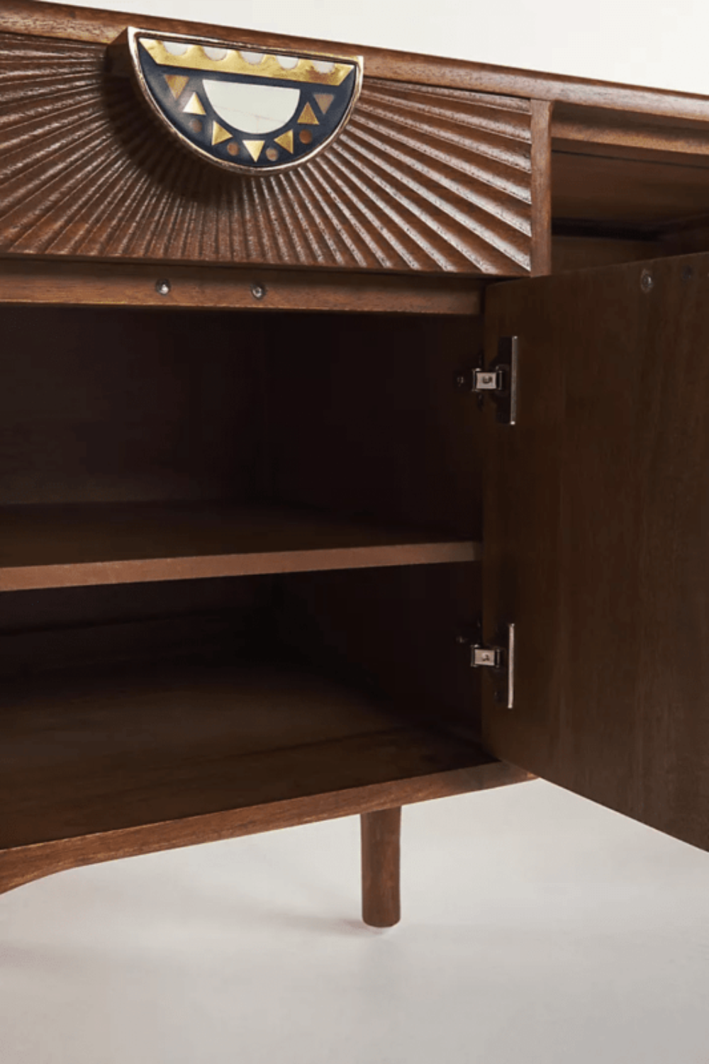 Deep-Finish Work Desk in brown hardwood, open drawer view showing the pull and dark interior storage.