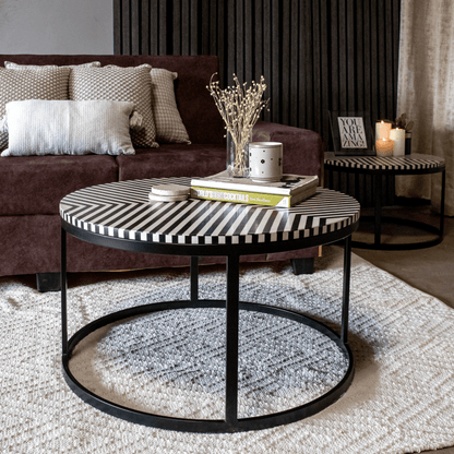 Handmade Round Center Table in Black & White | Bone inlay Coffee Table Center Table - Bone Inlay Furnitures