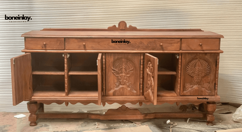 Handmade Solid Wood Natural Finish Carved Menagerie Buffet with Drawers Buffet & Sideboard - Bone Inlay Furnitures