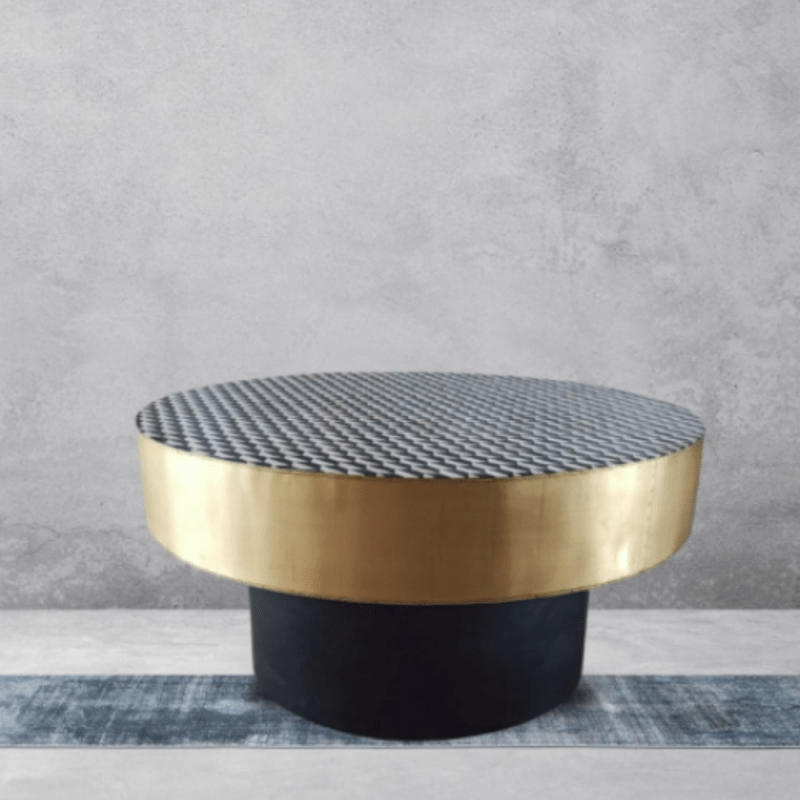 Heritage Inlay Geometric Top & Black Wooden Base Brass round coffee table Coffee Table - Bone Inlay Furnitures