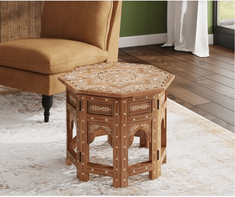 Hexagonal Bone Inlay Teak Wood Side Table - Indian Accent Furniture Side Table - Bone Inlay Furnitures