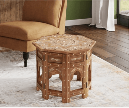 Hexagonal Bone Inlay Teak Wood Side Table - Indian Accent Furniture Side Table - Bone Inlay Furnitures