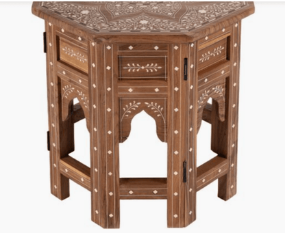 Hexagonal Bone Inlay Teak Wood Side Table - Indian Accent Furniture Side Table - Bone Inlay Furnitures