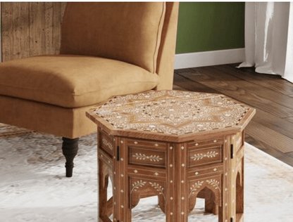 Hexagonal Bone Inlay Teak Wood Side Table - Indian Accent Furniture Side Table - Bone Inlay Furnitures