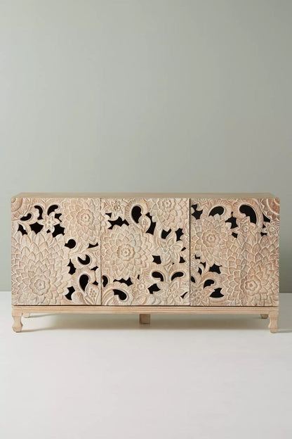 Hand Carved Lotus Sideboard - Artisanal Solid Wood Statement Piece