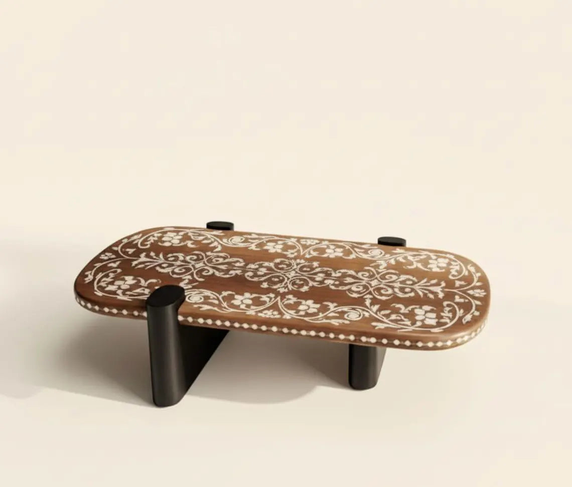 Handmade Boho-Chic Bone Inlay Floral Brown Coffee Table