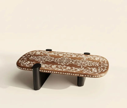 Handmade Boho-Chic Bone Inlay Floral Brown Coffee Table