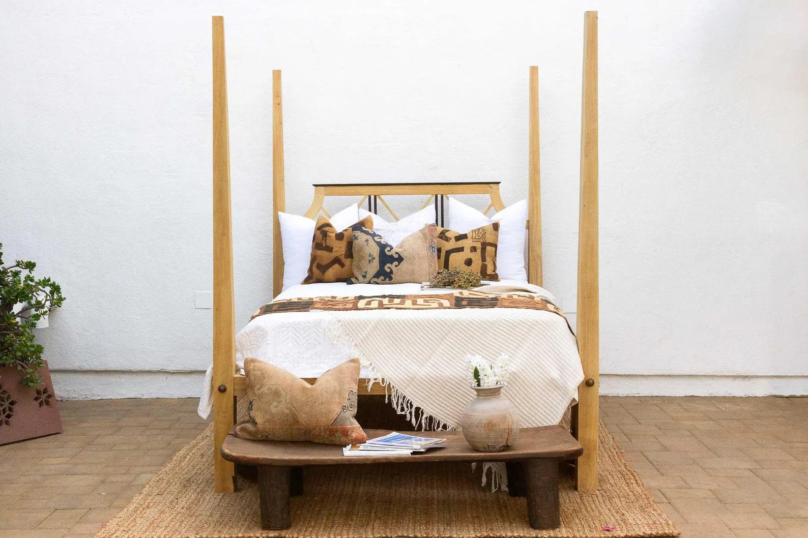 Handmade Solid Wood Colonial Bleached Farmhouse Poster Bed Frame