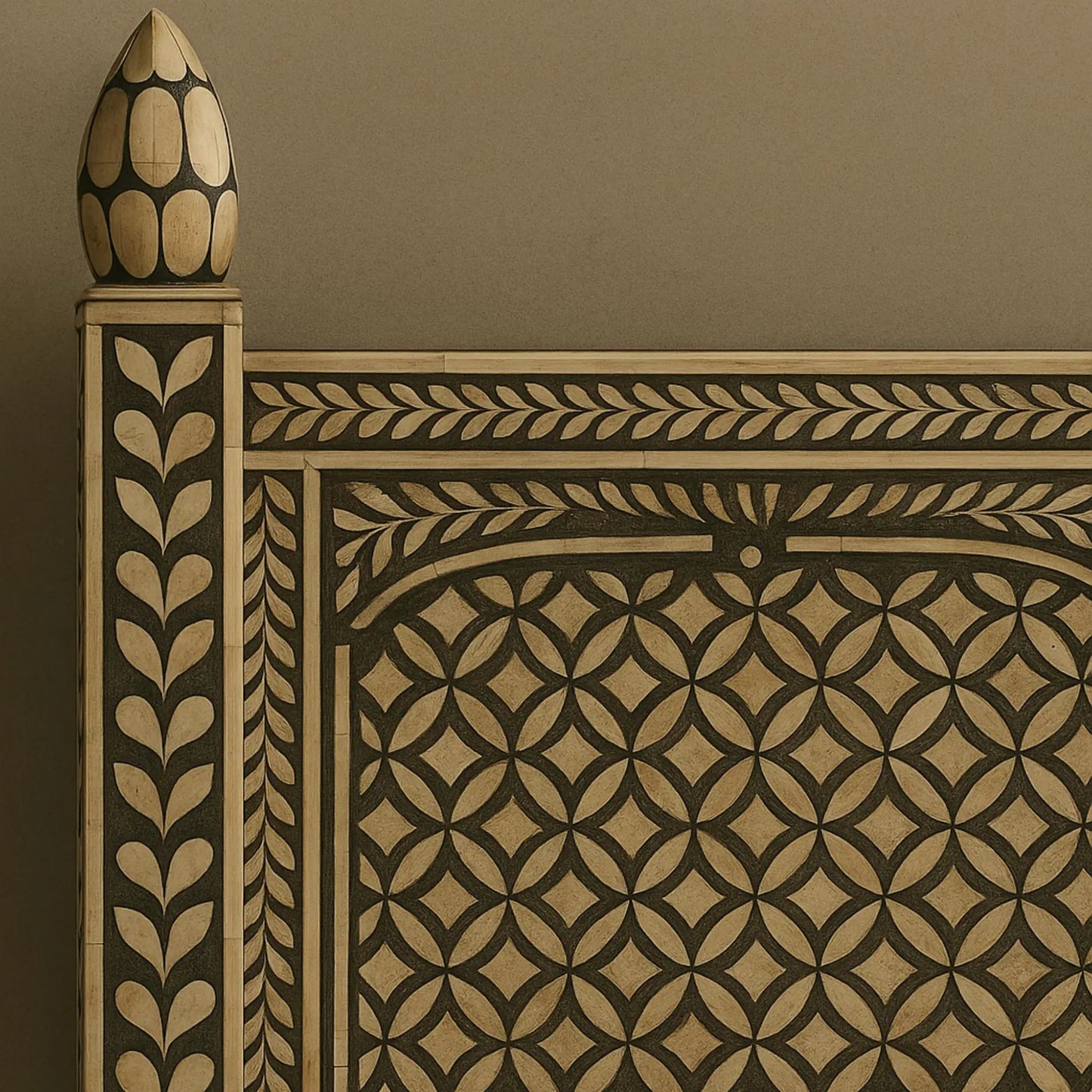 Handmade Bone Inlay Geometric Black & White Full Bed with Carved Posts