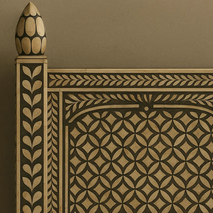 Handmade Bone Inlay Geometric Black & White Full Bed with Carved Posts