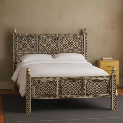 Handmade Bone Inlay Geometric Black & White Full Bed with Carved Posts