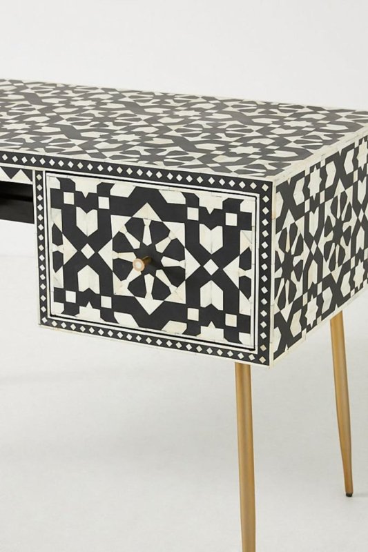 Moroccan Bone Inlay Work Desk | Handmade Laptop Desk with Two Drawers
