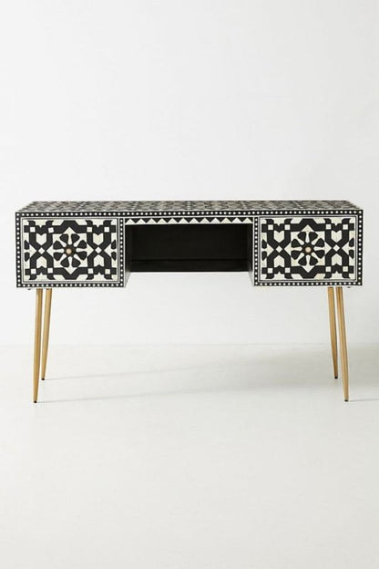 Moroccan Bone Inlay Work Desk | Handmade Laptop Desk with Two Drawers