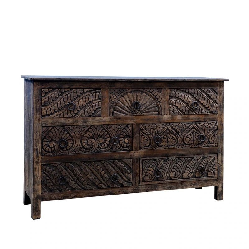 Indian Hand Carved Wood Seven-Drawer Dresser Chest of Drawers - Bone Inlay Furnitures