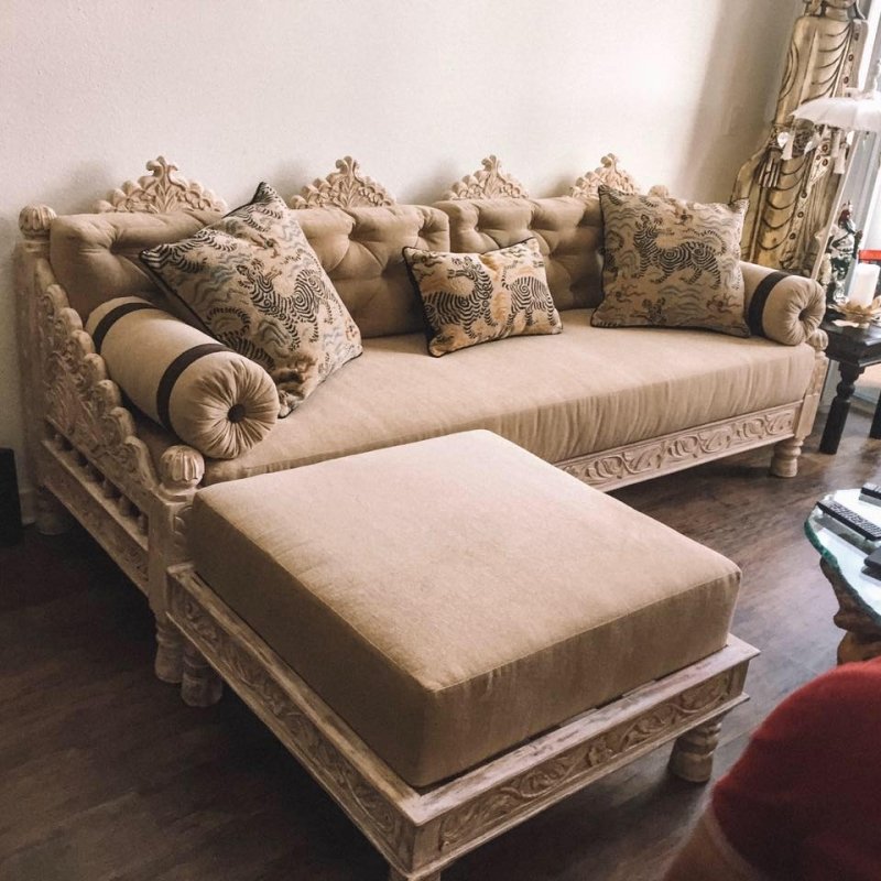 Indian Wood  Carved Floral Daybed Sofa in Solid Wood with Mattress and Cushions Daybed - Bone Inlay Furnitures