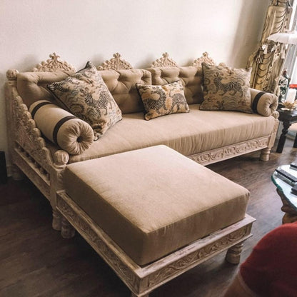 Indian Wood  Carved Floral Daybed Sofa in Solid Wood with Mattress and Cushions Daybed - Bone Inlay Furnitures