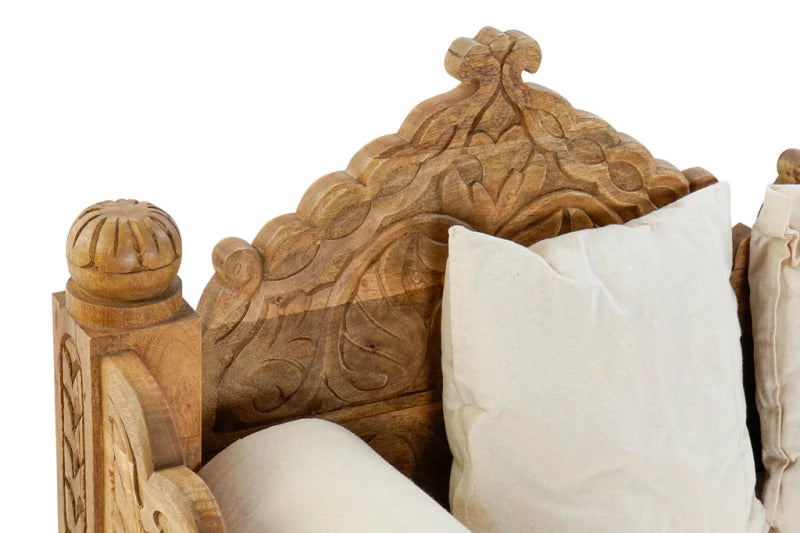 Indian Wood Carved Floral Daybed Sofa in Teak Wood with Mattress and Cushions Daybed - Bone Inlay Furnitures