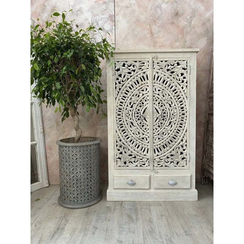 Industrial Minimalist White Armoire - Solid Wood Wardrobe with Beautiful Carvings Armoire - Bone Inlay Furnitures