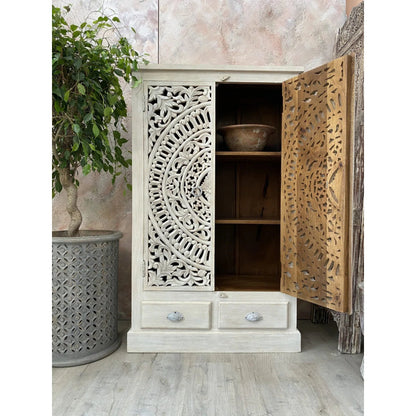 Industrial Minimalist White Armoire - Solid Wood Wardrobe with Beautiful Carvings Armoire - Bone Inlay Furnitures