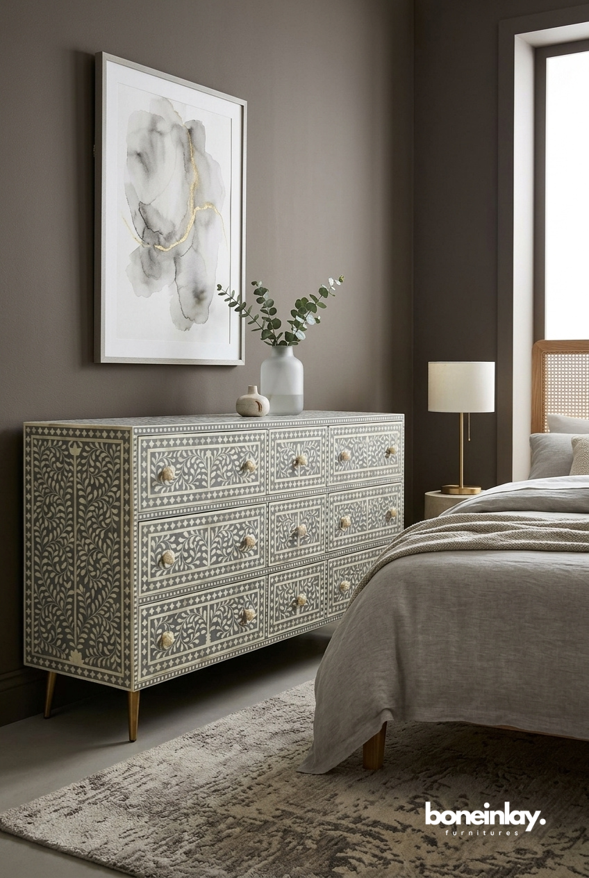 Grey and White Bone Inlay 9 Drawer Dresser for Modern Bedroom Storage Furniture