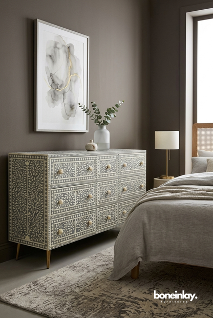 Grey and White Bone Inlay 9 Drawer Dresser for Modern Bedroom Storage Furniture