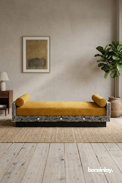 Mustard Velvet Daybed with Black Bone Inlay Base in Modern Boho Living Room Interior