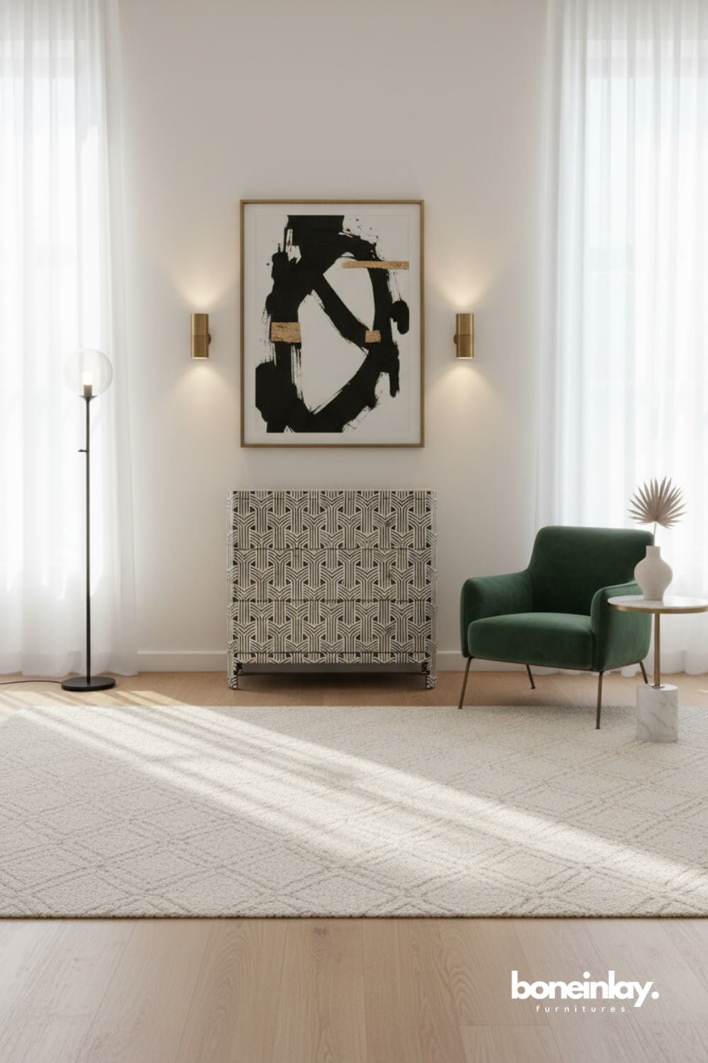 Three-drawer bone inlay dresser featuring a high-contrast geometric Art Deco arch pattern and curved waterfall sides.