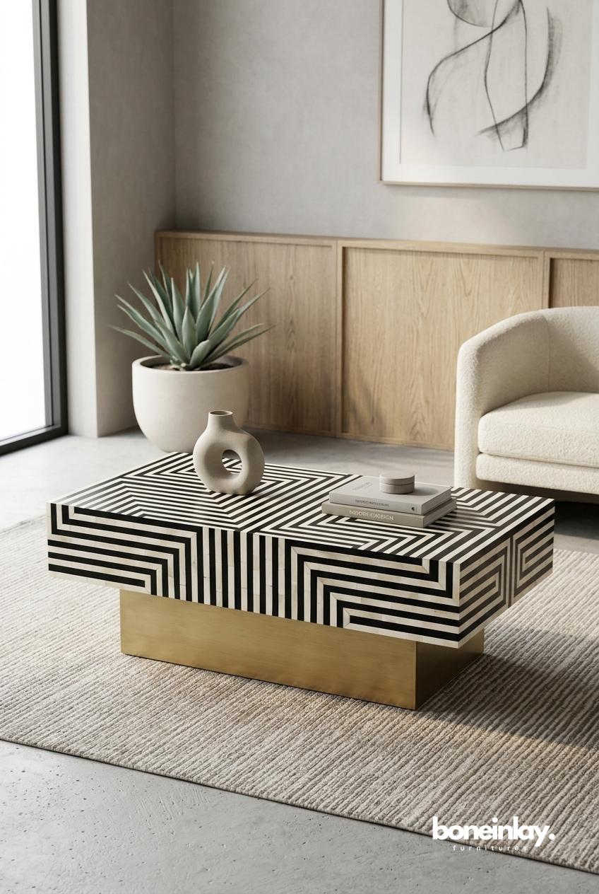 A rectangular bone inlay coffee table with a black and white geometric optical pattern on a gold brass plinth base, styled in a modern living room.