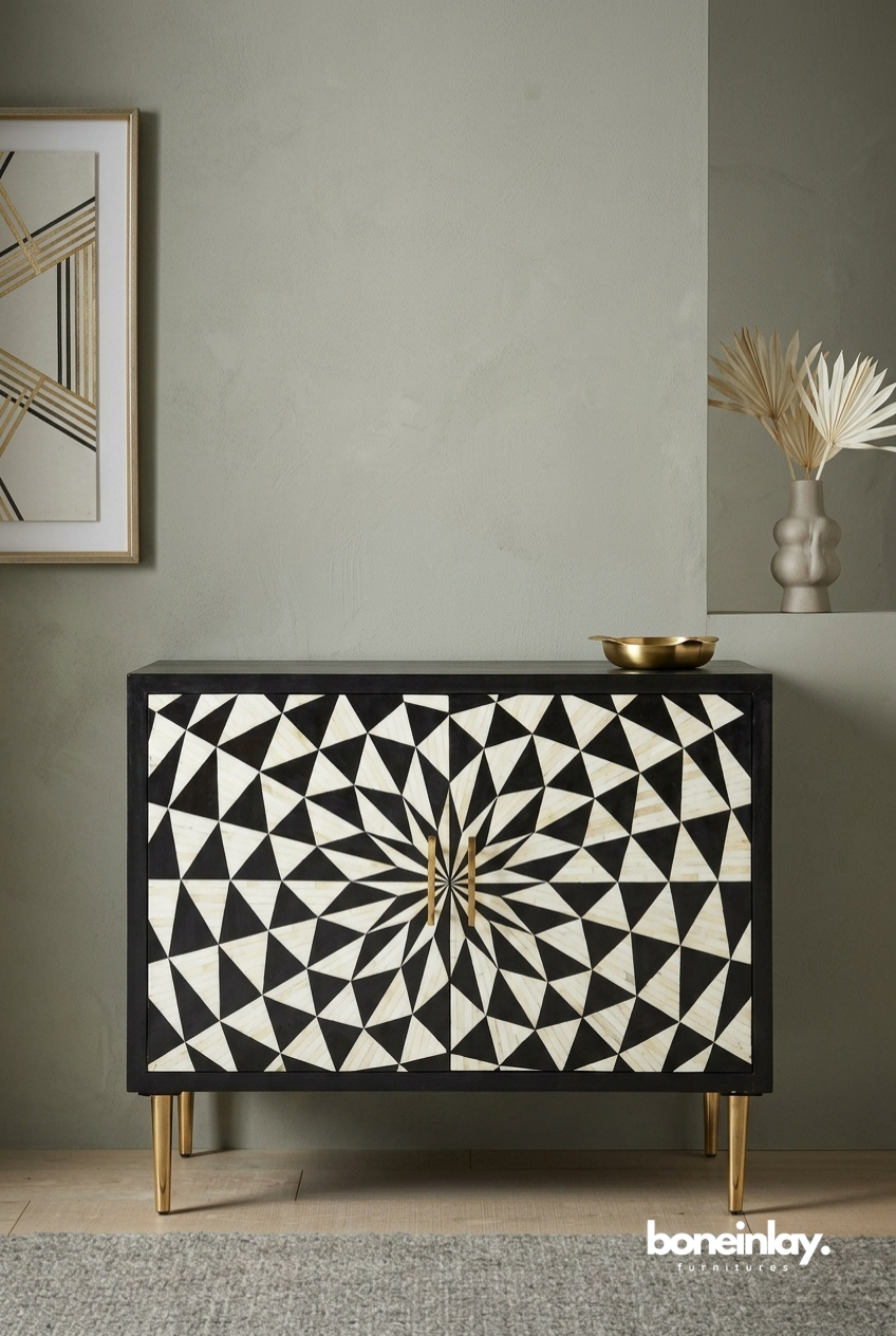 Black and White Starburst Bone Inlay Accent Sideboard Cabinet with Brass Handles