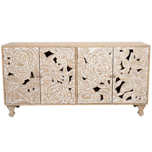Large Floral Carved Wood Sideboard Cabinet Buffet & Sideboard - Bone Inlay Furnitures