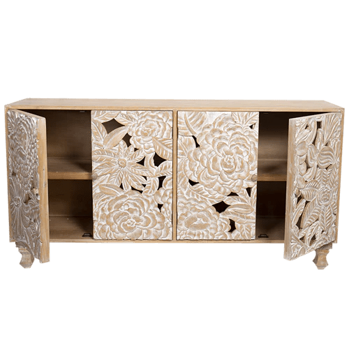 Large Floral Carved Wood Sideboard Cabinet Buffet & Sideboard - Bone Inlay Furnitures