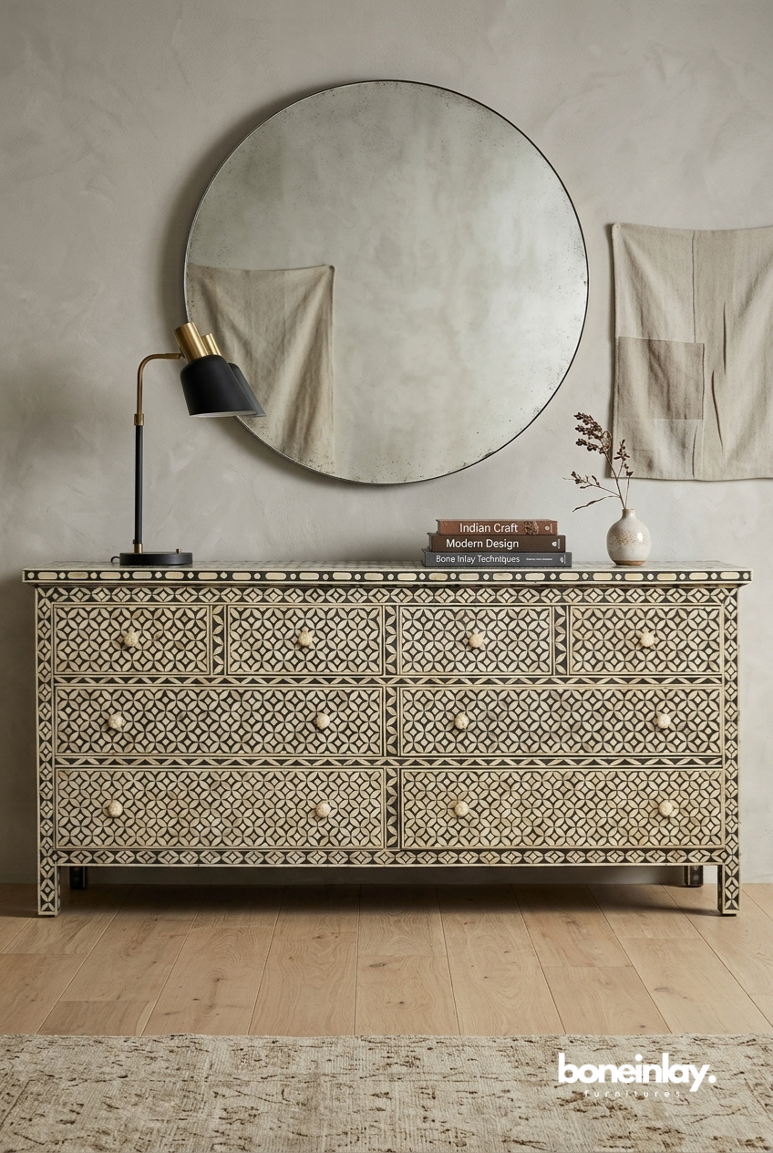 Geometric Bone Inlay Double Dresser with Nine Drawers in Black and Ivory Finish