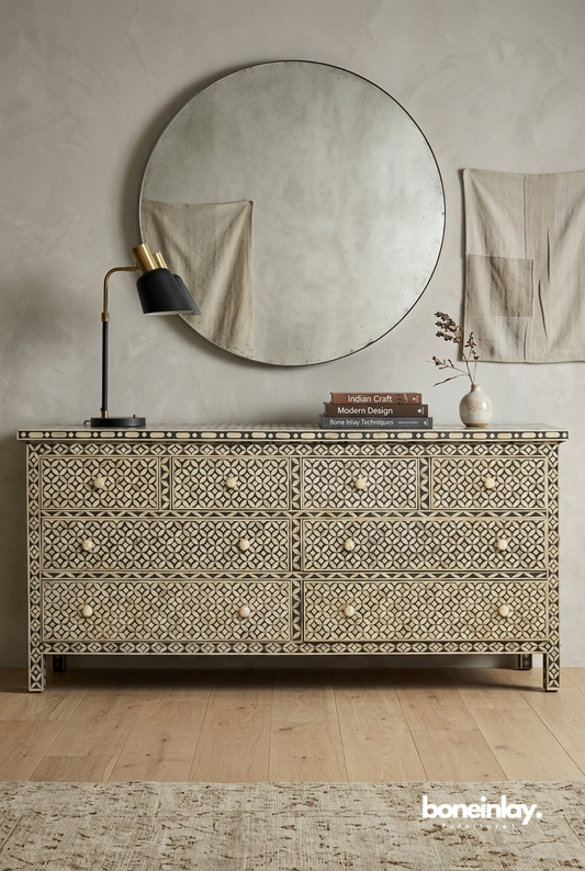 Geometric Bone Inlay Double Dresser with Nine Drawers in Black and Ivory Finish