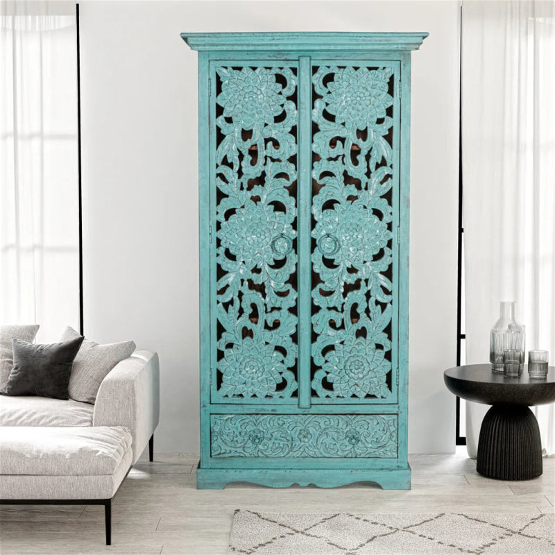 Light Blue Painted Armoire - Solid Wood Wardrobe for Beach House Styles Armoire - Bone Inlay Furnitures